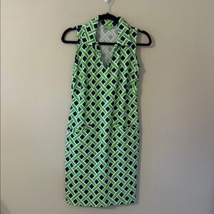 Katherine Way Green & Navy Geometric Print Sleeveless Travel Dress Sz Small